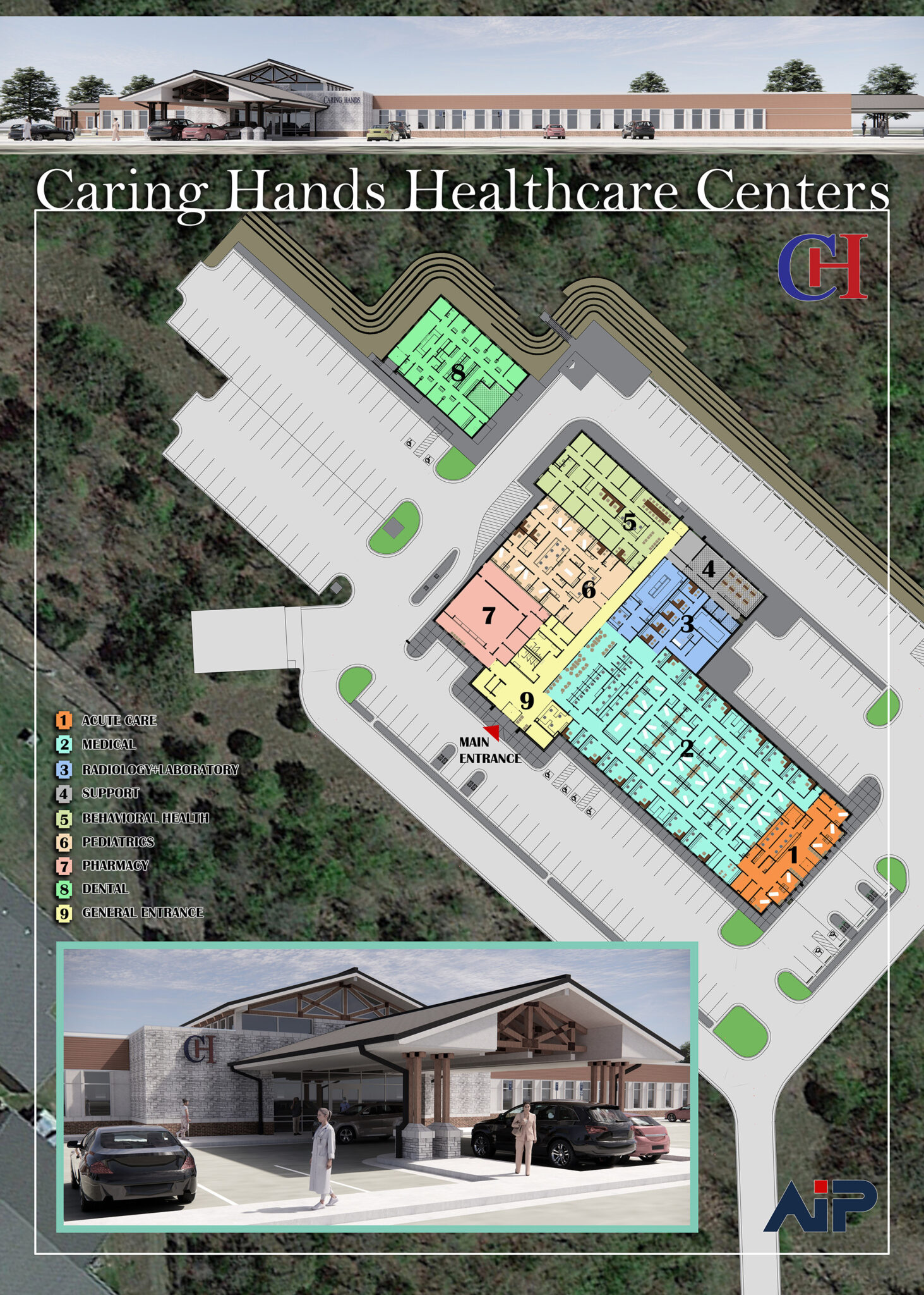 Architect's site plan for the new Caring Hands Healthcare Clinic, with renderings of the building exterior and main entrance. Color-coded areas show acute care, medical, radiology and laboratory, support, behavioral health, pediatrics, pharmacy, dental, and the general entrance.